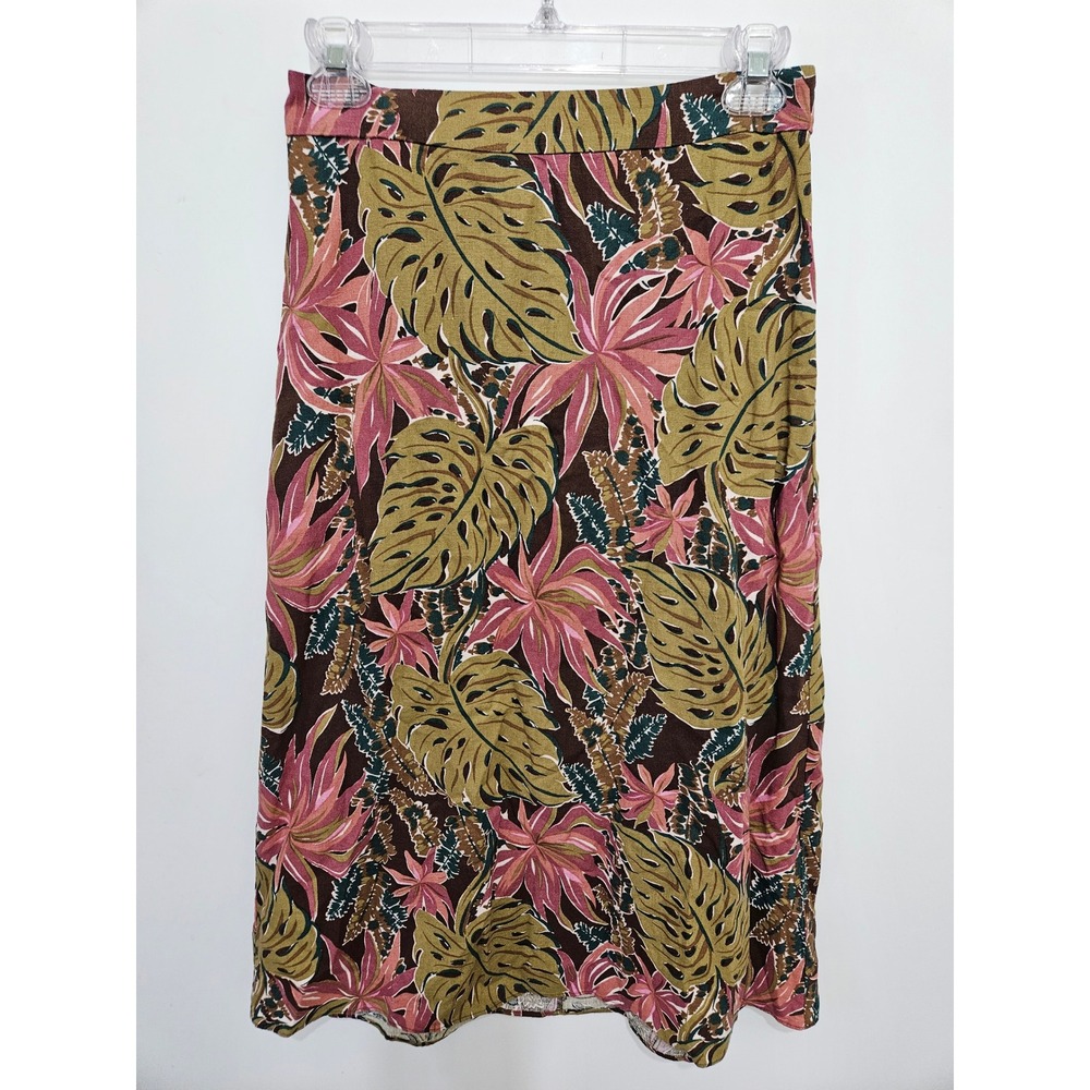 Madewell Tropical Monstera Leaf Linen Blend Midi Skirt Brown Pink Green Size 0